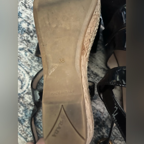 PRADA Womens 38/8 Strappy Slingback Black Patent Leather Platform Wedge - Picture 6 of 6